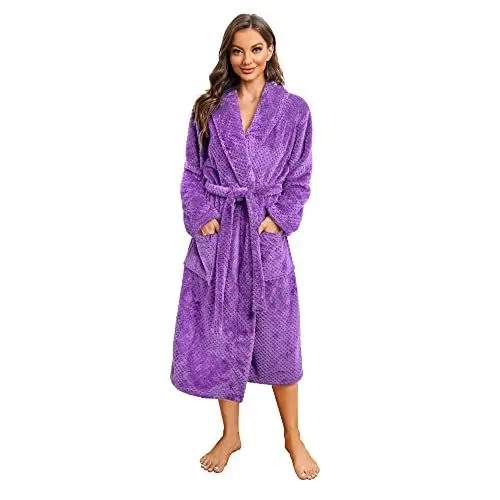 Produktbild: HEARTNICE Damen Fleece Bademantel Morgenmantel weich warm Bademantel Damen Plüsch flauschig Bademäntel Saunamantel Hausmantel (Violett, S/M)