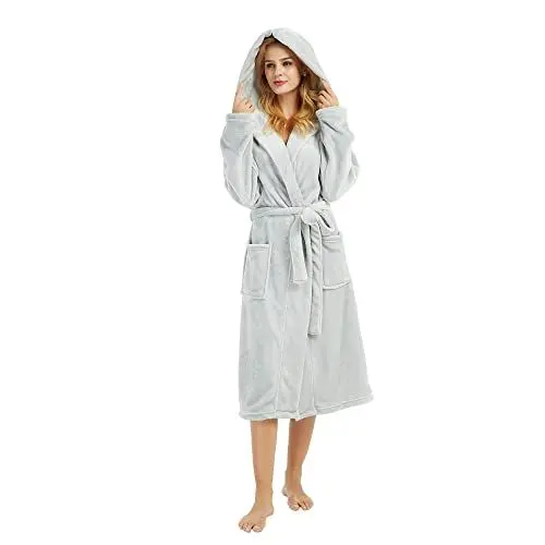 Produktbild: HEARTNICE Damen Fleece Bademantel mit Kapuze, weicher Plüsch Morgenmantel Bädemantel für Damen, flauschig süß Lange Hausmantel (Hellgrau, L/XL)