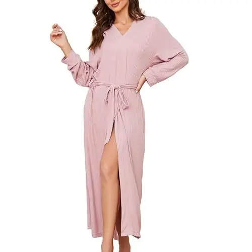 Produktbild: HEARTNICE Leichter Bademantel Damen lang, Morgenmantel Damen langer Hausmantel weiche Nachtwäsche Saunamantel Loungewear (Bohnenpaste Rosa, L)