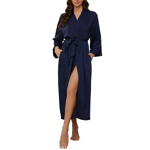 Produktbild: HEARTNICE Satin Bademantel Damen lang Morgenmantel leicht Luxus Bademantel weiche Bademäntel für Damen Hausmantel (Marineblau, M)