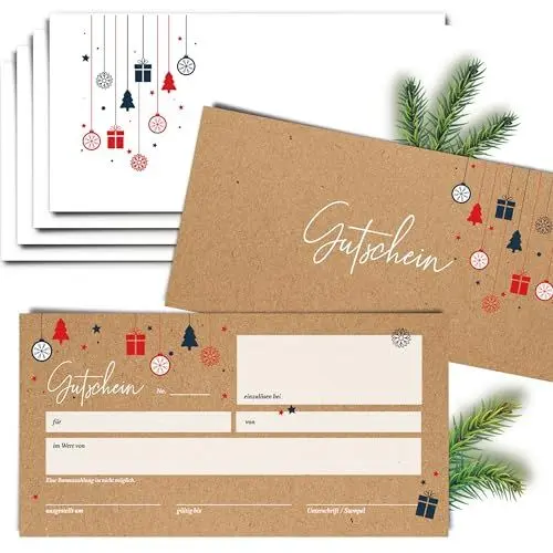Produktbild: heaven+paper 50 Blanko Gutscheine mit Umschlägen zum Ausfüllen Geschenkgutschein für Restaurant, Massage, Nagelstudio, Friseur, Beauty, Einzelhandel, B2C (Xmas Kraft)