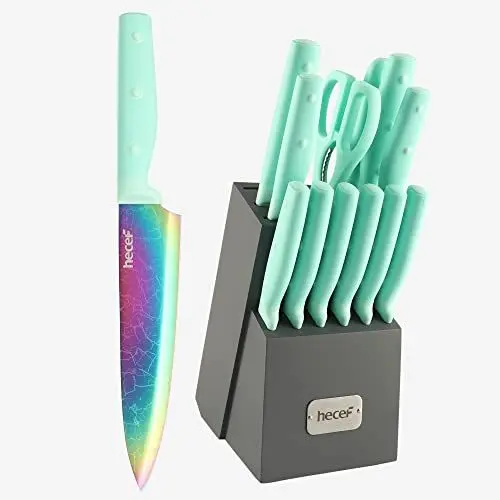 Produktbild: hecef 14-teiliges Messerset mit Block, Regenbogen-Titan-Beschichtung Messer mit Laser-Muster, Martensitischer Edelstahl Kochmesser-Set mit Schärfer, Steakmesser, Schere (Grün)