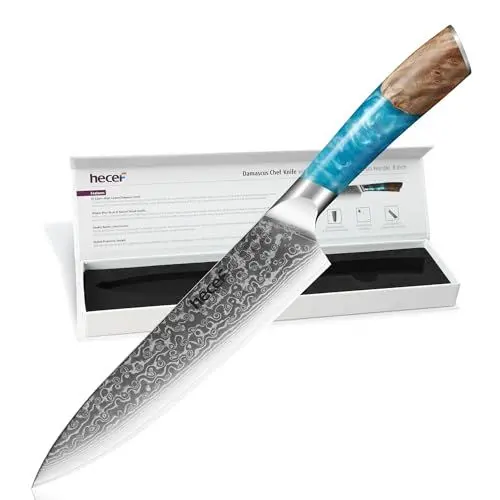 Produktbild: hecef Damastmesser, Kochmesser Profi Messer mit Ergonomischem Harzgriff, 67 Lagen Damast Küchenmesser Scharf mit Messerschutz, 20CM Japanisches Messer, Geschenk für Chef und Kochbegeisterte