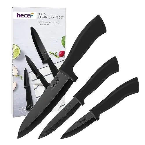 Produktbild: hecef Keramikmesser set 3-teilig, Scharf Küchenmesser Set Nie Eingerostet, Keramikmesser - 6'' Kochmesser, 4'' Obstmesser, 3'' Gemüsemesser (Schwarz)