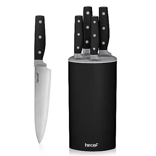 Produktbild: hecef Messerset, 6-tlg Universal Messerblock mit Messer, Scharf Edelstahl Kochmesser Set mit dreifach vernietetem Griff, Küchenmesserset mit Holzblock für Haus und Küche (Schwarz)