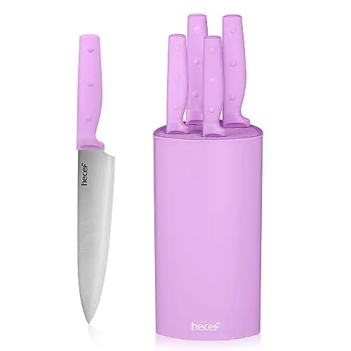 Produktbild: hecef Messerset, 6-tlg Universal Messerblock mit Messer, Scharf Edelstahl Messer Set mit dreifach vernietetem Griff, Küchenmesserset mit Block für Haus und Küche (Lila)