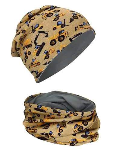 Produktbild: HECKBO Kinder Beanie & Schal Set - Baufahrzeuge Bagger Laster - Jersey Wendemütze - 2-8 Jahre, Baumwolle - Helm Mütze Kinder Schal grau - Kinder schal und Mütze