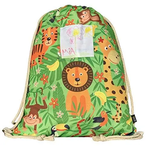 Produktbild: HECKBO Kinder Turnbeutel inkl. Sichtfenster - Dschungel - Sportkleidung Trinkflasche- Kindergarten, Schule, Stoffbeutel Kita - Rucksack, Tasche, Sportrucksack, Sportbeutel Junge Mädchen