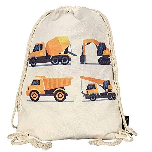 Produktbild: HECKBO Turnbeutel Kinder Mädchen Junge - Baufahrzeuge Bagger beige - Kindergarten, Kita, Krippe - Rucksack, Beutel, Sporttasche, Sportbeutel, Kindergartenrucksack, Kinderrucksack Stoffbeutel