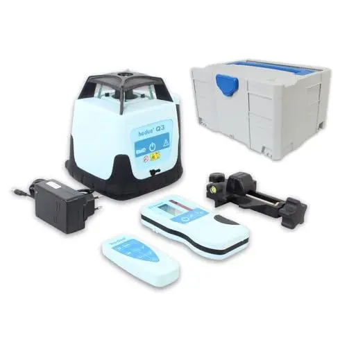 Produktbild: hedue® Rotationslaser Q3 - Rotationslaser selbstnivellierend mit zwei Laserklassen, Baulaser Rotationslaser mit Empfänger, Fernbedienung und Ladegerät, im Systainer