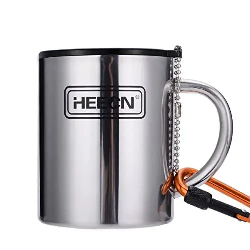 Produktbild: HEECN® Camping Becher Mit Deckel und Karabiner - Edelstahl Tasse - Thermo - Kaffeebecher - Doppelwandige Isolierbecher BPA-frei HESS-038BBK (330 ml mit versiegeltem Trinkdeckel)