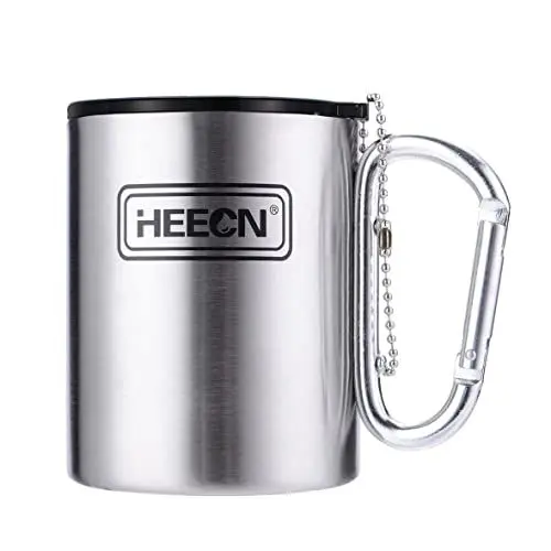 Produktbild: HEECN® Karabiner Tasse mit Deckel - Camping Becher - Edelstahl Tasse - Thermo - Doppelwandige Isolierbecher - Rucksacktourismus - Trekking - Wandern HESS-032BBK