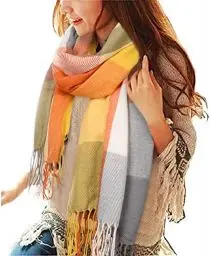 Produktbild: heekpek Damen Kariert Oversized Kaschmir Schal Lange Winterschal Weich Wraps Groß Karo Fransen Schal Warm Schal für Herbst Winter, Orange und gelb
