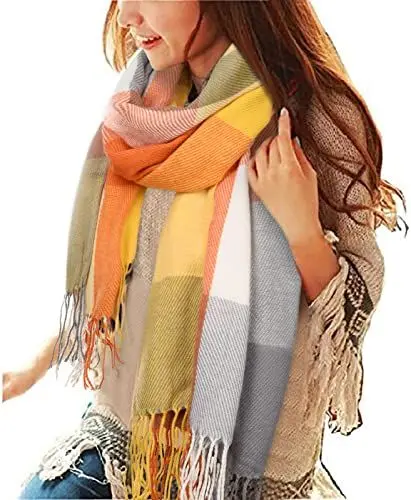 Produktbild: heekpek Damen Kariert Oversized Kaschmir Schal Lange Winterschal Weich Wraps Groß Karo Fransen Schal Warm Schal für Herbst Winter, Orange und gelb