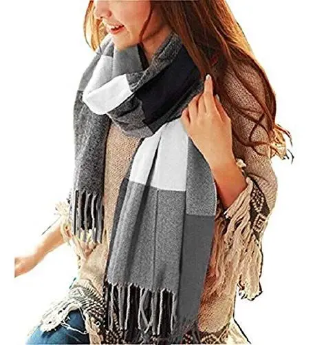 Produktbild: heekpek Damen Kariert Oversized Kaschmir Schal Lange Winterschal Weich Wraps Groß Karo Fransen Schal Warm Schal für Herbst Winter, Schwarz weiß