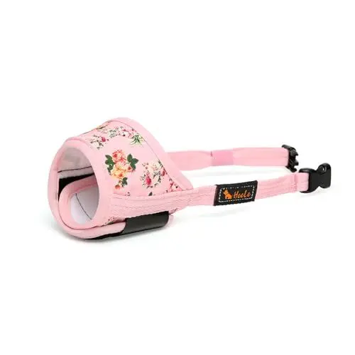 Produktbild: HEELE Hund Maulkorb, Maulkörb für Hunde, Weiche Nylon Drucken Maulkorb Air Mesh Atmungsaktiv Einstellbar Schleife Muster Haustiere Maulkörbe für Kleine Mittlere Große Hunde, Pinke Blume, M