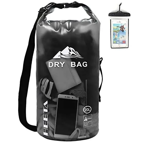 Produktbild: HEETA Dry Bag Wasserdichter Packsack 5L/10L/20L Wasserdicht Taschen mit Handytasche und Gurte für Boot und Kajak, Angeln, Rafting, Schwimmen(Schwarz) -20L