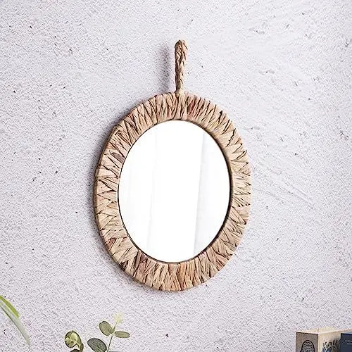 Produktbild: HEIBTENY Runde Spiegel für Wanddekoration, Boho-Stil, runder Wandspiegel, dekorativer Rattan-Wandspiegel für Bauernhaus, Wohnzimmer, Schlafzimmer, Badezimmer (38,1 cm)