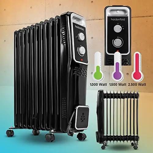 Produktbild: Heidenfeld Ölradiator ÖR100 | 𝟑 𝐉𝐀𝐇𝐑𝐄 𝐆𝐀𝐑𝐀𝐍𝐓𝐈𝐄 - 2500 Watt - Timerfunktion - Energiesparend - Öl Radiator - Mobile Elektroheizung - Überhitzungsschutz - Abschaltautomatik (Schwarz)