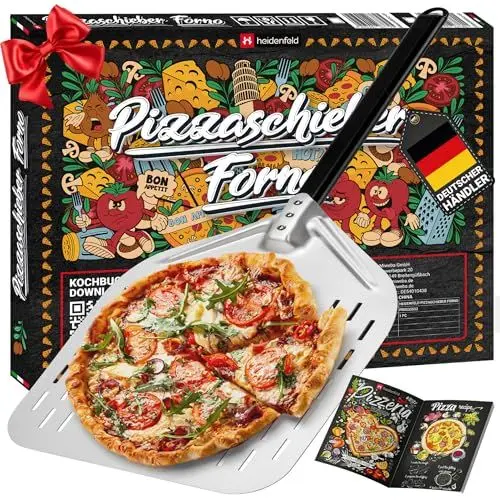 Produktbild: Heidenfeld Premium Pizzaschieber Forno | Pizzaschaufel perforiert - Große Fläche 34.0 x 33.0 cm - Schieber für Pizzastein - Griff ergonomisch 31.0 cm - Pizza Zubehör - Pizzapfanne (Forno 13 Zoll)