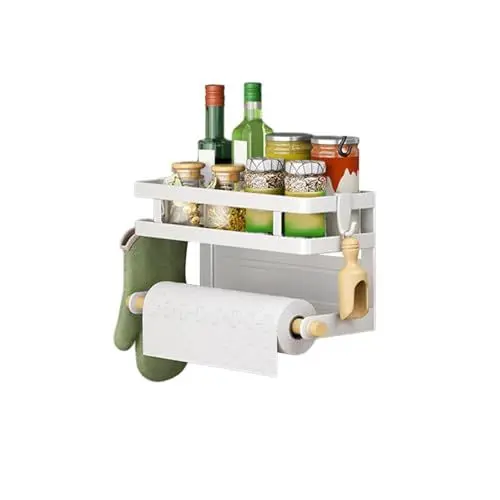 Produktbild: Heikoeco® Gewürzregal, Gewürz Organizer, Schrank Organizer, 1-stöckiges magnetische Gewürzregale mit Papierhandtuchhalter, Metall Küche Gewürz Organizer Regal für Kühlschrank (weiß 1 Stufe)
