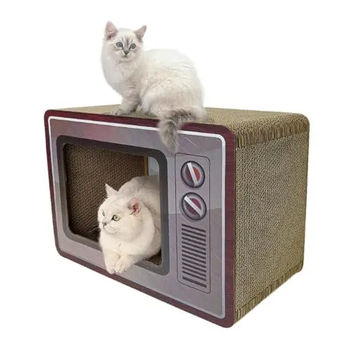 Produktbild: Heikoeco® Katzenhöhle mit Kratzbrett, 2-in-1 TV-förmiges Katzenhaus, Lounge Kratzpappe für Katzen aus Qualitäts-Pappe, Katzenspielzeug Kratzmatte für Indoor-Katzen als Möbelschutz