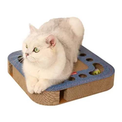 Produktbild: Heikoeco® Kratzbrett Katze mit Minze 2 Klingelballs, 3 in 1 Kratzpappe für Katzen Rund, Katzenspielzeug Selbstbeschäftigung aus Langlebiger Wellpappe (Blau, Quadratisch)