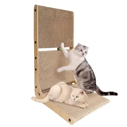 Produktbild: Heikoeco® Kratzbretter Katze, Kratzpappe für Katzen Groß XXL, 40cm lang L förmige Katzenspielzeug mit Ballspielzeug, Super Stabil Katzen Kratzmöbel für Wand