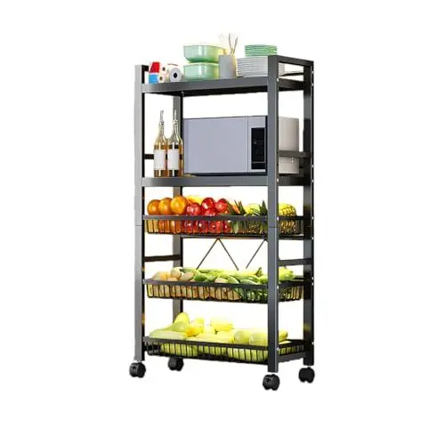 Produktbild: Heikoeco® Rollwagen Metall mit 5 Ebene, Multifunktionaler Servierwagen mit Plattform und Körben auf Rollen, Küchenregal mit Griffen für Küche, Wohnzimmer, Bad, Bastelwagen Küchenwagen Schmal