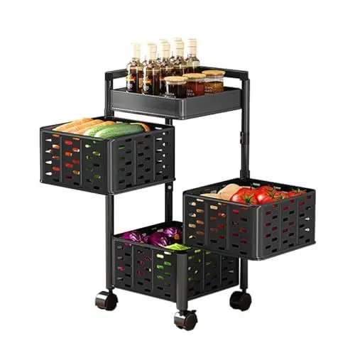 Produktbild: Heikoeco® Servierwagen, Küchenwagen, drehbarer Servierwagen mit Rollen aus extra Dicker Stahl, platzsparender Rollwagen, Magnetisches Design, Bad, Küche (Schwarz Eckig, 3 Ebene)