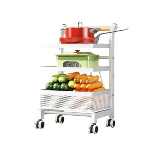 Produktbild: Heikoeco® Servierwagen Küchenwagen mit Rollen, Gemüseregal Metall, Obst Aufbewahrung, Rollwagen Allzweckwagen für Küche Bad Wohnzimmer, Pfanne Topf Organizer (Weiß, 3 Ebene)