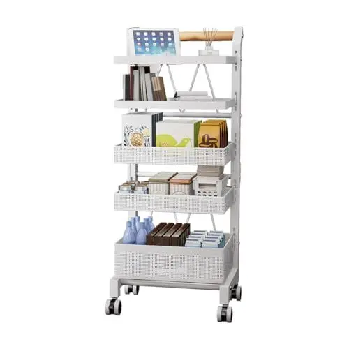 Produktbild: Heikoeco® Servierwagen Küchenwagen mit Rollen, Gemüseregal Metall, Obst Aufbewahrung, Rollwagen Allzweckwagen für Küche Bad Wohnzimmer, Pfanne Topf Organizer (Weiß, 5 Ebene)