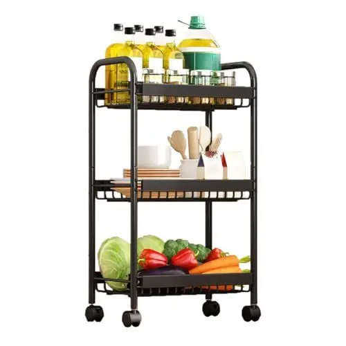Produktbild: Heikoeco® Servierwagen Schmal mit 3 Ebene aus Metall, Platzsparender Küchenwagen mit Rollen, Langlebig Rollwagen mit Griffen, Nischenwagen für Küche, Bad, Esszimmer, Garten, Bastelwagen