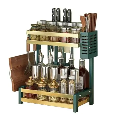 Produktbild: Heikoeco ® Gewürzregal Küche, Küchen Organizer mit 2-3 Ebene, Gewürzregal stehend mit Messerhalter & Haken, Gewürzständer aus Metall, Küchenregal für Küche, Esszimmer (2 Ebene Grüngold mit Zubehör)