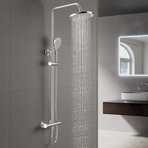 Produktbild: Heilmetz Duschsystem mit Thermostat 25x25cm Regendusche Duschset 304 Edelstahl Duschsäule mit Kopfbrause und Handbrause Duschsystem Regendusche Verstellbarer Duschstange 800-1180mm -Chrom