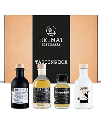 Produktbild: HEIMAT Gin Tasting Set Box (4 x 50ml) Probierset Mini-Dry-G in, Barrel Aged, Vogelfrei (alkoholfrei) & Ingefaer Ingwer-Schnaps - Geschenkset mit exklusivem Home-Tasting-Video
