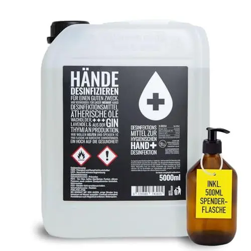 Produktbild: HEIMAT Hand Desinfektionsmittel 5 Liter Kanister - sanfte Reinigung, WHO-Zertifizierung, mit ätherischen Öle wie Lavendel, Wacholder, Thymian