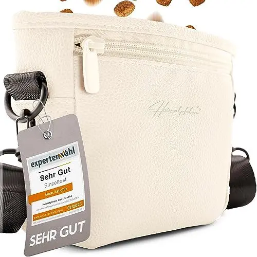 Produktbild: Heimatpfoten® Leckerlitasche für Hunde aus Kunstleder - Gassitasche mit Einhand Magnet-Verschluss - Hunde-Leckerli-Beutel (Größe S - Creme)