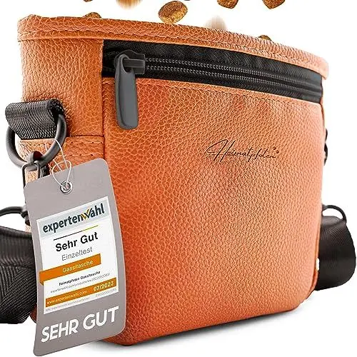 Produktbild: Heimatpfoten® Leckerlitasche für Hunde aus Kunstleder - Gassitasche mit Einhand Magnet-Verschluss - Hunde-Leckerli-Beutel (Größe S - Cognac-Braun)