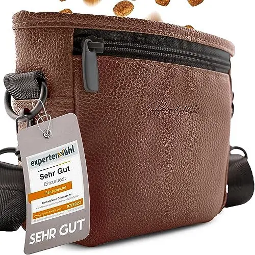 Produktbild: Heimatpfoten® Leckerlitasche für Hunde aus Kunstleder - Gassitasche mit Einhand Magnet-Verschluss - Hunde-Leckerli-Beutel (Größe S - Dunkelbraun)