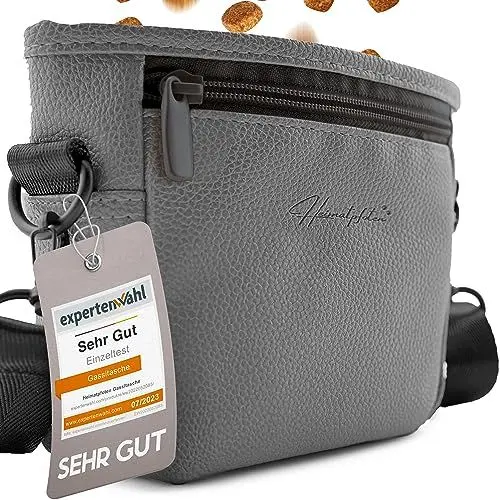 Produktbild: Heimatpfoten® Leckerlitasche für Hunde aus Kunstleder - Gassitasche mit Einhand Magnet-Verschluss - Hunde-Leckerli-Beutel (Größe S - Grau)