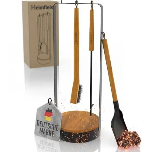Produktbild: Heimfleiss® Kaminbesteck Schwarz Modern | Premium Ofenbesteck Kaminbesteck Set | Designer Kaminzubehör mit Holzgriffen | Kaminset aus Schürhaken & Kehrset | Kaminofen Besteck | Kamingarnitur für Ofen