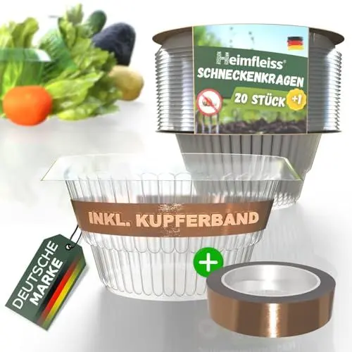 Produktbild: Heimfleiss® Schneckenkragen inkl. Kupferband gegen Schnecken | Schneckenabwehr aus recyclebarem PET | Schneckenschutz für Hochbeete ohne Chemie | Schneckenschutzkragen Schneckenschutzring (21 Stück)