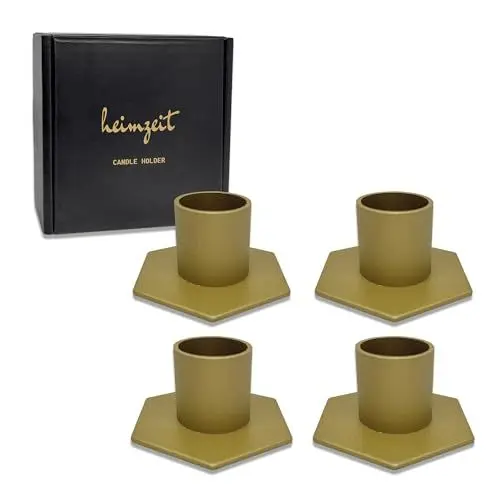 Produktbild: heimzeit Kerzenhalter für Stabkerzen und Tischkerzen aus Metall (4 Stück, Sechseckig) Farbe: Gold, Stilvolles Design, Kerzenständer für eine Elegante Raumdekoration