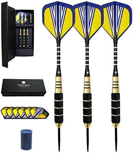 Produktbild: heinsa Dartpfeile Metallspitze 20 g Dartpfeile Steeldart Set 3 Stück mit Dart Zubehör für Steel-Dartpfeile, 6 Flights, 3 Gummiringe, Case der Allrounder für Profis und Anfänger
