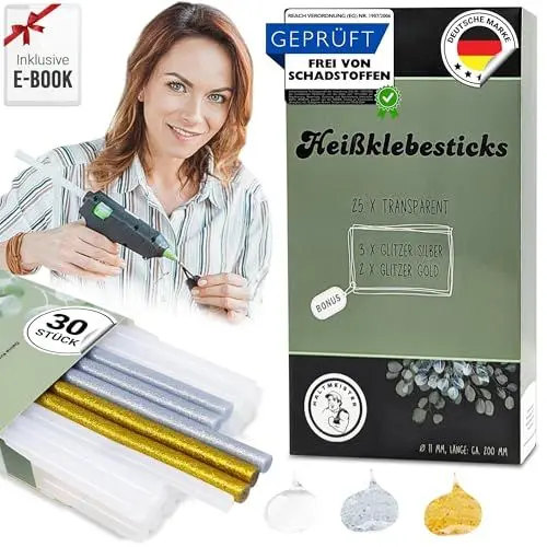 Produktbild: Heißklebesticks 30 Stück Ø11mm Länge: 200mm PLUS E-BOOK - 25x transparent + EXTRA gold silber GLITZER-Heißkleber, Hot melt durchsichtig, Heißklebestifte für handelsübliche Heißklebepistole