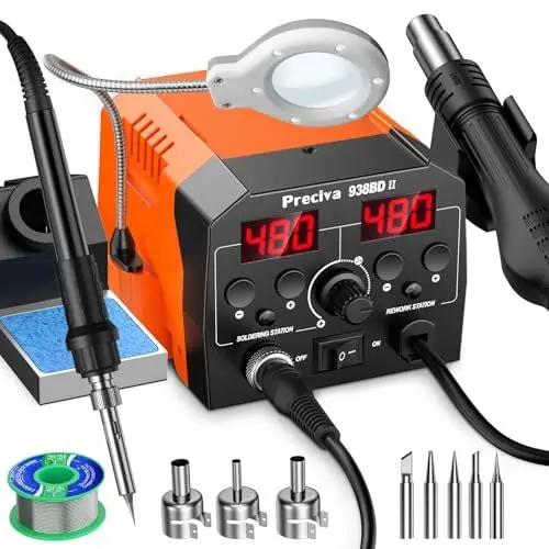 Produktbild: Heißluft Lötstation, Preciva 938BD II Entlötstation Lötkolben Station 2 in 1 mit einstellbarer Temp 200-480℃, Lötstation Set Heißluft Start/Stop Ruhemodus LCD Display für Elektronik und Reparaturen