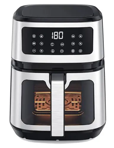 Produktbild: Heißluftfritteuse, 5L Luftfritteusen mit sichtbaren Garfenster, PARIS RHÔNE Heißluftfritteuse XXL 8 Kochfunktionen Airfryer One-Touch-Bedienung, Fritöse mit Heißluft ohne Öl Spülmaschinenfest