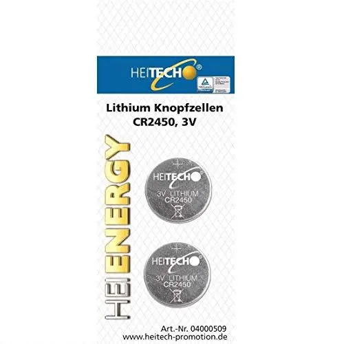 Produktbild: HEITECH 2er Pack CR2450 Lithium Knopfzellen Batterie - 3V Knopfbatterien auslaufsicher & mit Langer Haltbarkeit