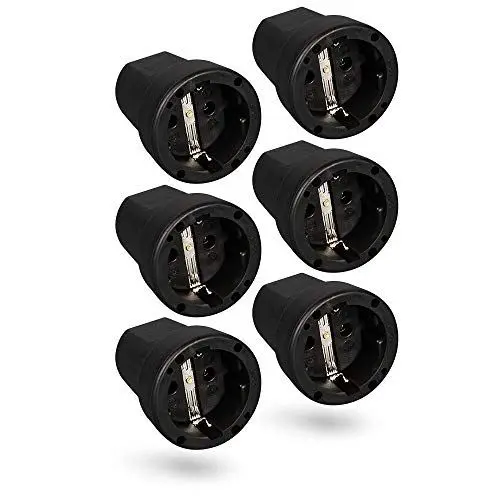 Produktbild: HEITECH Gummi Schutzkontakt Kupplung mit Knickschutz - 6x Schutzkontakt Kupplung schwarz, 250V, 16A, IP20 für Innenbereich - Vollgummi Schuko Kupplung